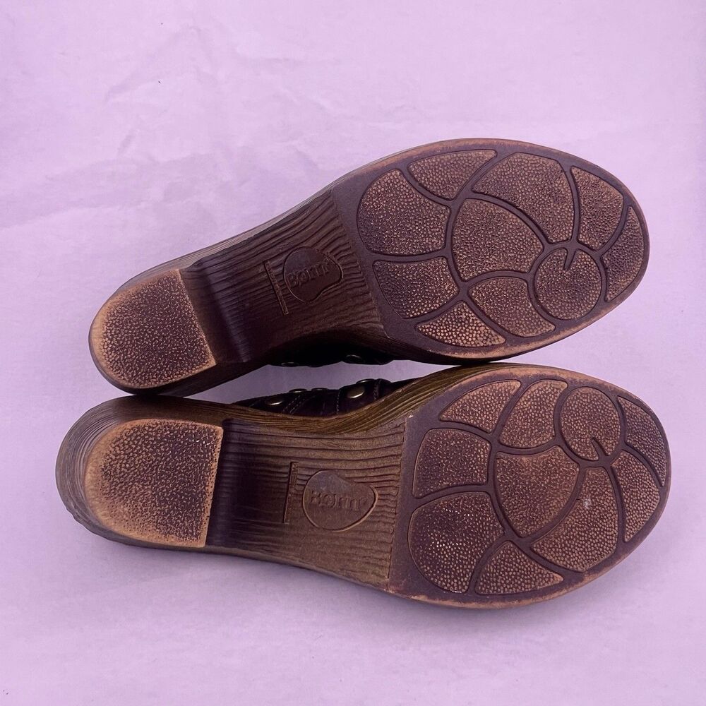 Born Brown Leather Platform Mules Chunky High Heel Clogs Studded Buckle Size 11 - Picture 11 of 16